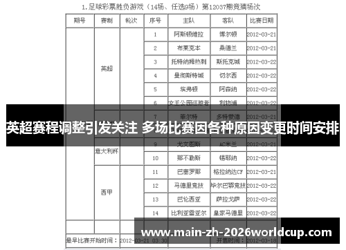 英超赛程调整引发关注 多场比赛因各种原因变更时间安排
