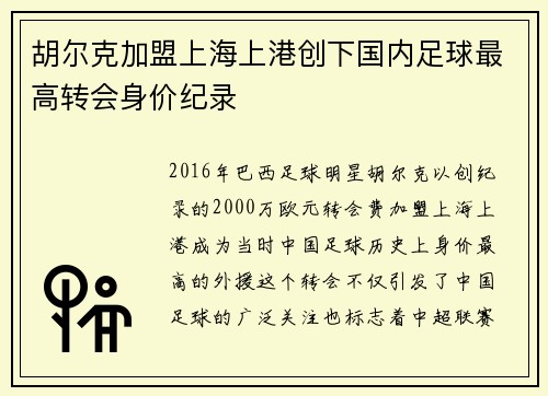 胡尔克加盟上海上港创下国内足球最高转会身价纪录